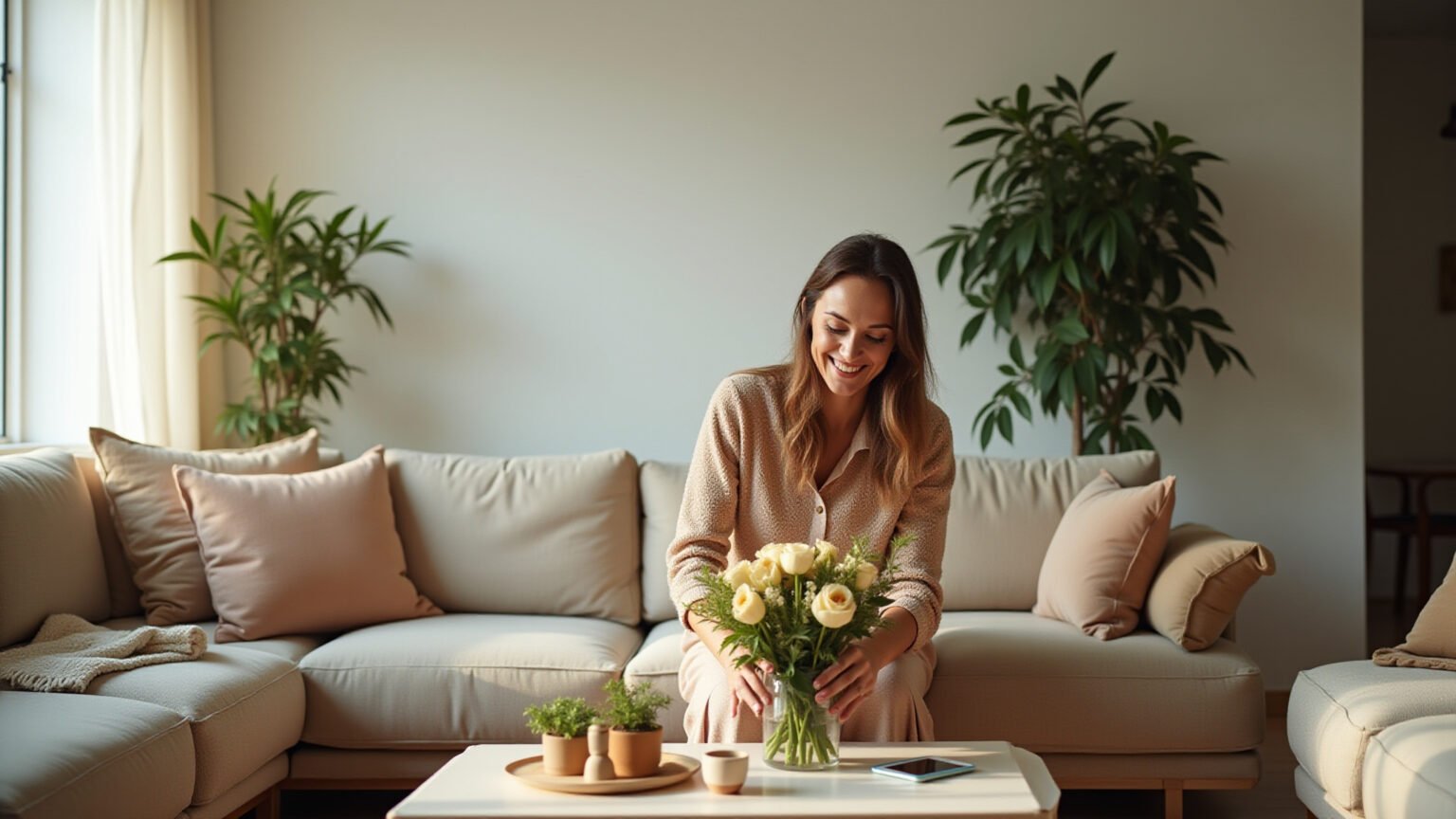 Sala minimalista e aconchegante com toques brasileiros, sem excesso de objetos.