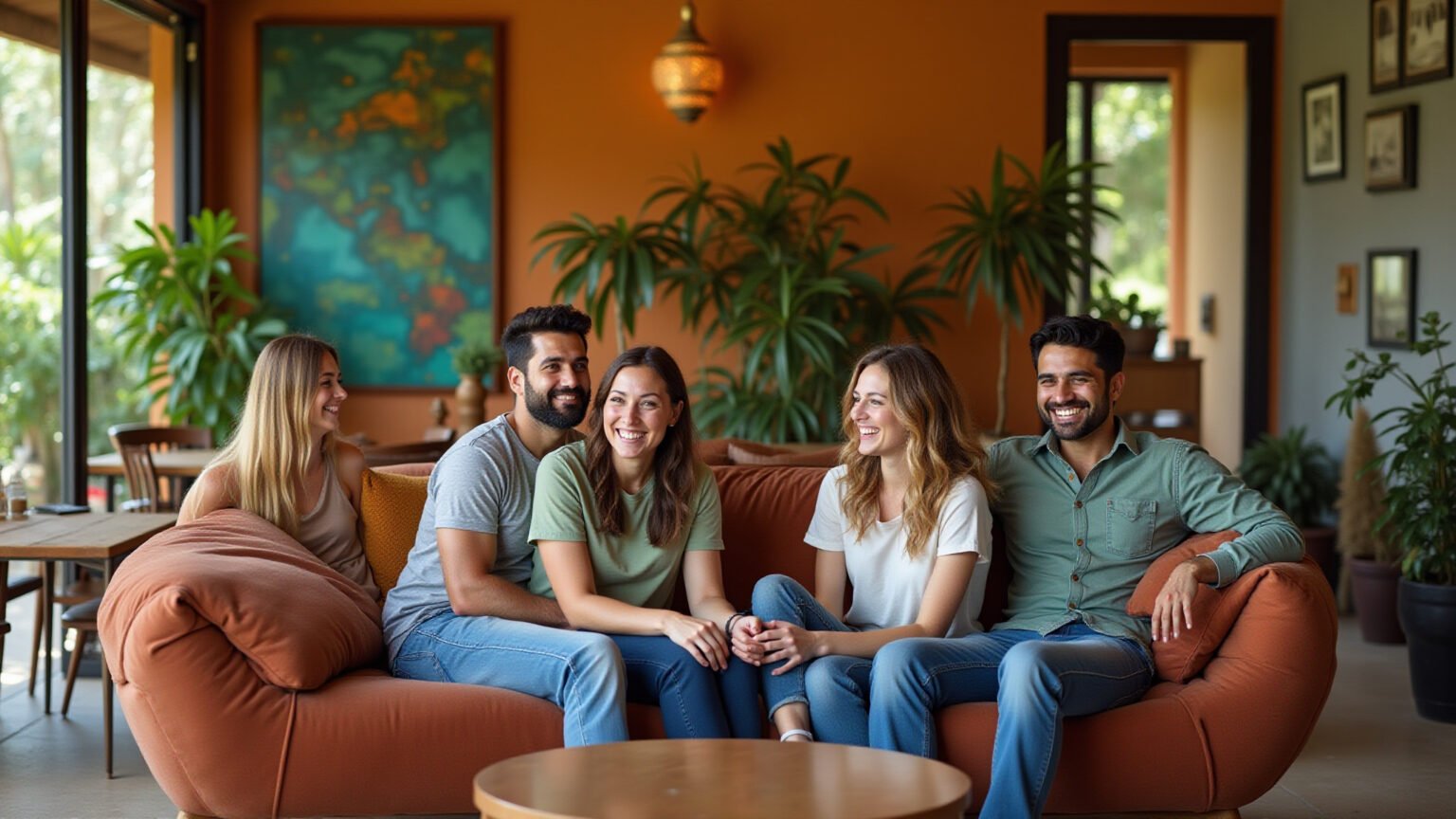 Sala de estar vibrante e aconchegante com amigos, decoração brasileira autêntica.