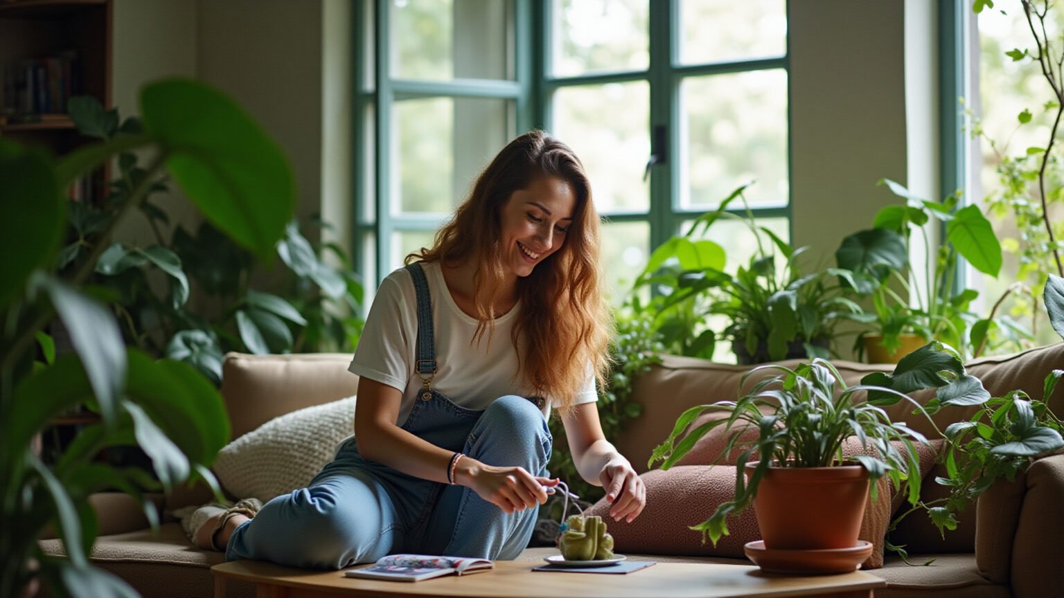 Sala biofílica com plantas grandes e design brasileiro moderno.