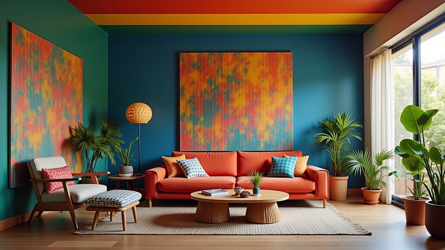 Sala de estar com teto listrado e colorido em design brasileiro.