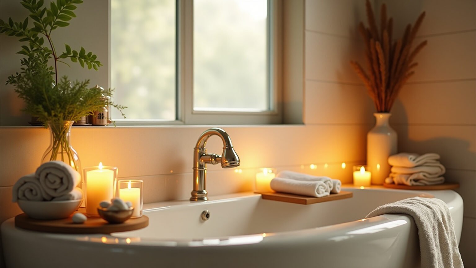 Banheiro transformado em spa com velas, plantas e texturas naturais.